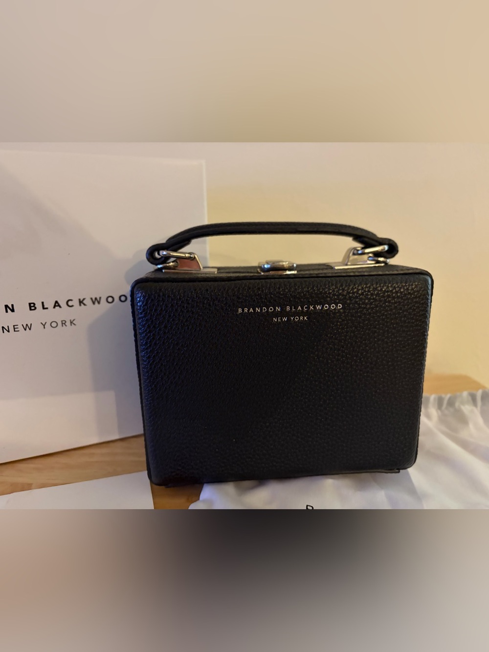 Brandon Blackwood Black Pebbled Leather Vanity Box Bag with Top Handle